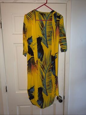 Bright Yellow Tropical-Print Long Sleeve Women’s Dress